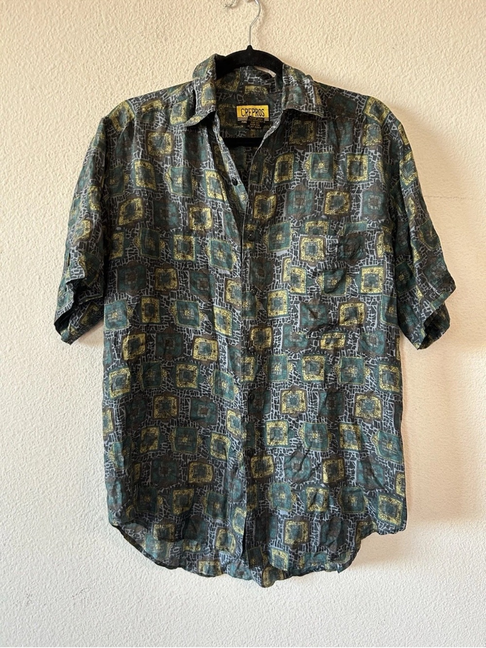 Vintage Crepros 100% Silk Shirt Mens S Geometric Abstract 90s Button Up AOP - Picture 9 of 14